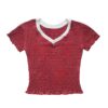 Elegant Red Pleated V-Neck T-Shirt