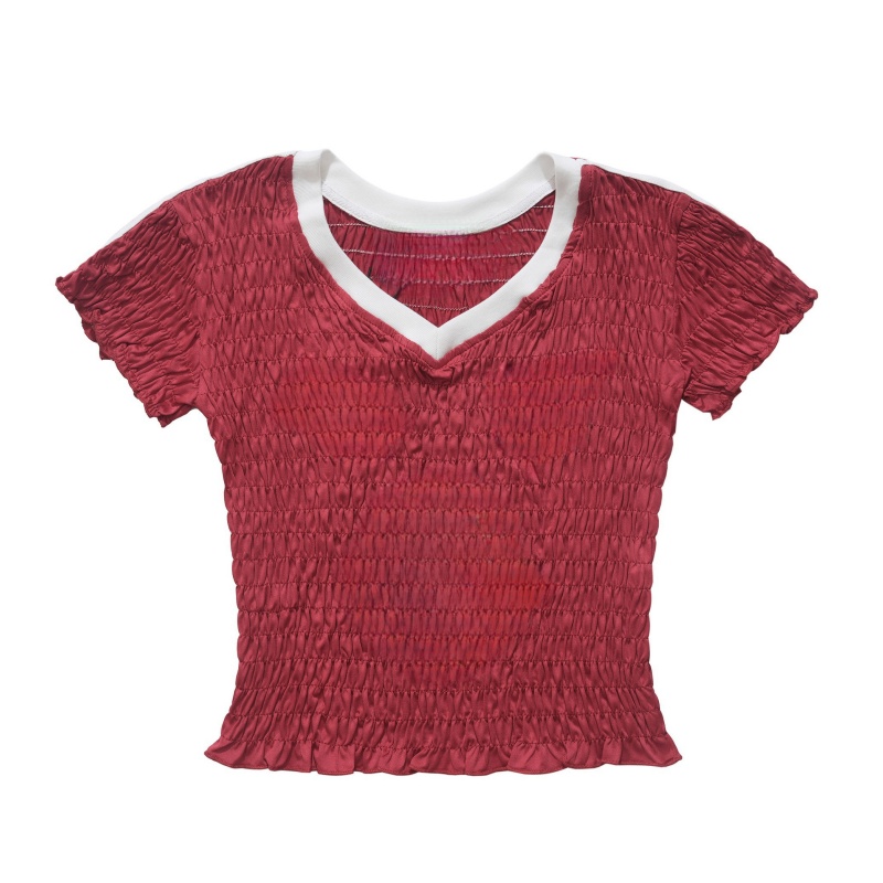 Elegant Red Pleated V-Neck T-Shirt